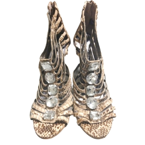 Sam Edelman Hampton Leather Snakeskin Jeweled Caged Sandal Heel Shoe - Picture 2 of 9